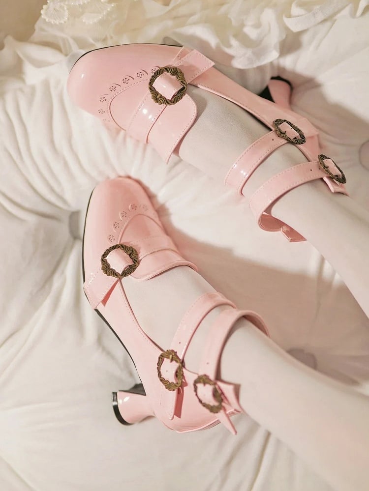 Design Motifs Mary Pink Rose Janes with Elegant Lolita Tri-Buckle