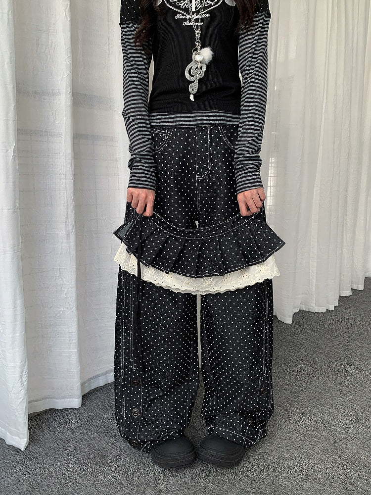 Button Dot Lace-trimmed Polka with Accessory Detachable Accents Black Wide-leg Jeans
