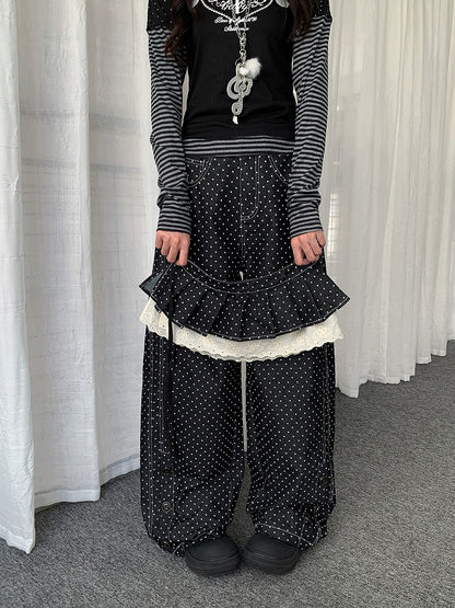 Button Dot Lace-trimmed Polka with Accessory Detachable Accents Black Wide-leg Jeans