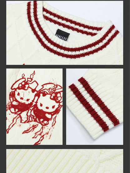 Lockerer Pullover mit Rundhalsausschnitt und rotem Kätzchenmuster und gratis gestreiftem Schal