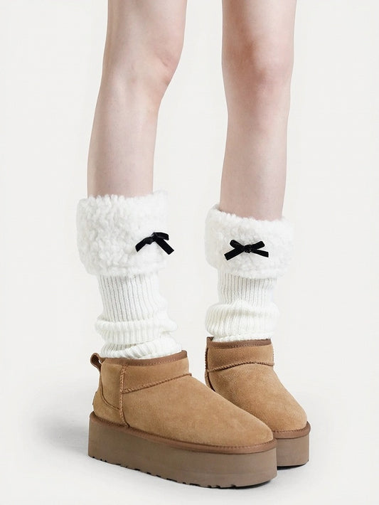 Four Colors Knit Plush Trim Leg Warmers with Bow - ModaSwings
