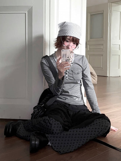 Top Daily Pocket Accents Grey Kawaii Dark Long Sleeve with V-neckline Striped