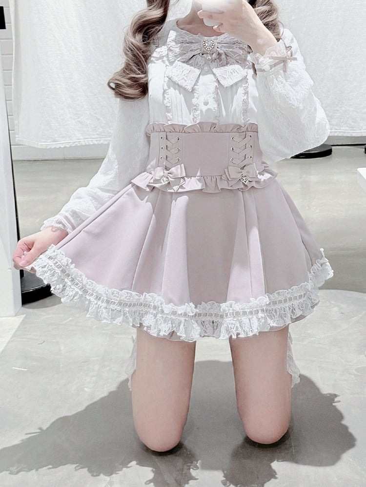 Pink and White Landmine Lace Peter Pan Collar Long Sleeve Blouse with Bow Tie - shirohato
