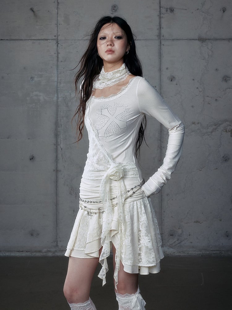 Saum Apricot Off-Shoulder Akzente Floral mit Asymmetrischem Kleid Strass