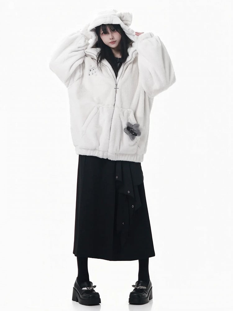 Hooded with Bear Ear Plush Embroidery Black/White Buckle Strap and Lined Pin Accents Coat