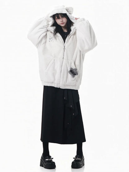 Hooded with Bear Ear Plush Embroidery Black/White Buckle Strap and Lined Pin Accents Coat