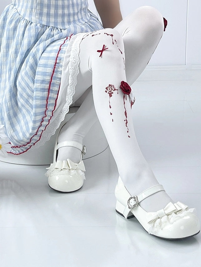 Sweet Janes Lace White PU Accents Lolita - with Bow Low-heel Round Trim Mary Toe