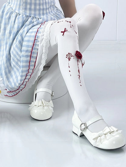 Sweet Janes Lace White PU Accents Lolita - with Bow Low-heel Round Trim Mary Toe
