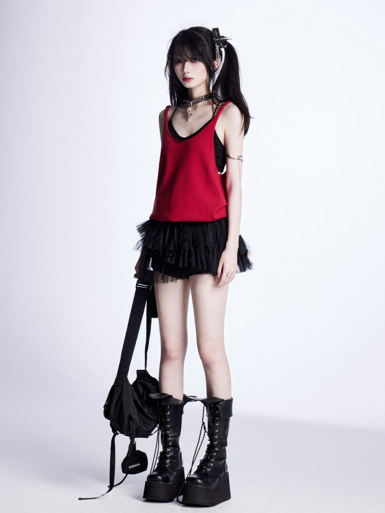 レッド/グレーのグラマラストップ、バックレスニットタンクトップ