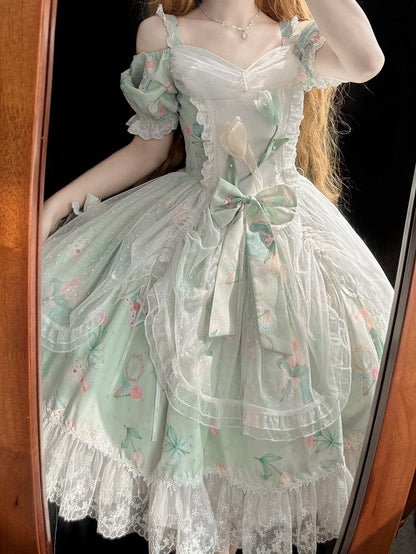 Green Elegant Tulip with Off-Shoulder Drawsting Tulle Overlay Print Lolita Dress