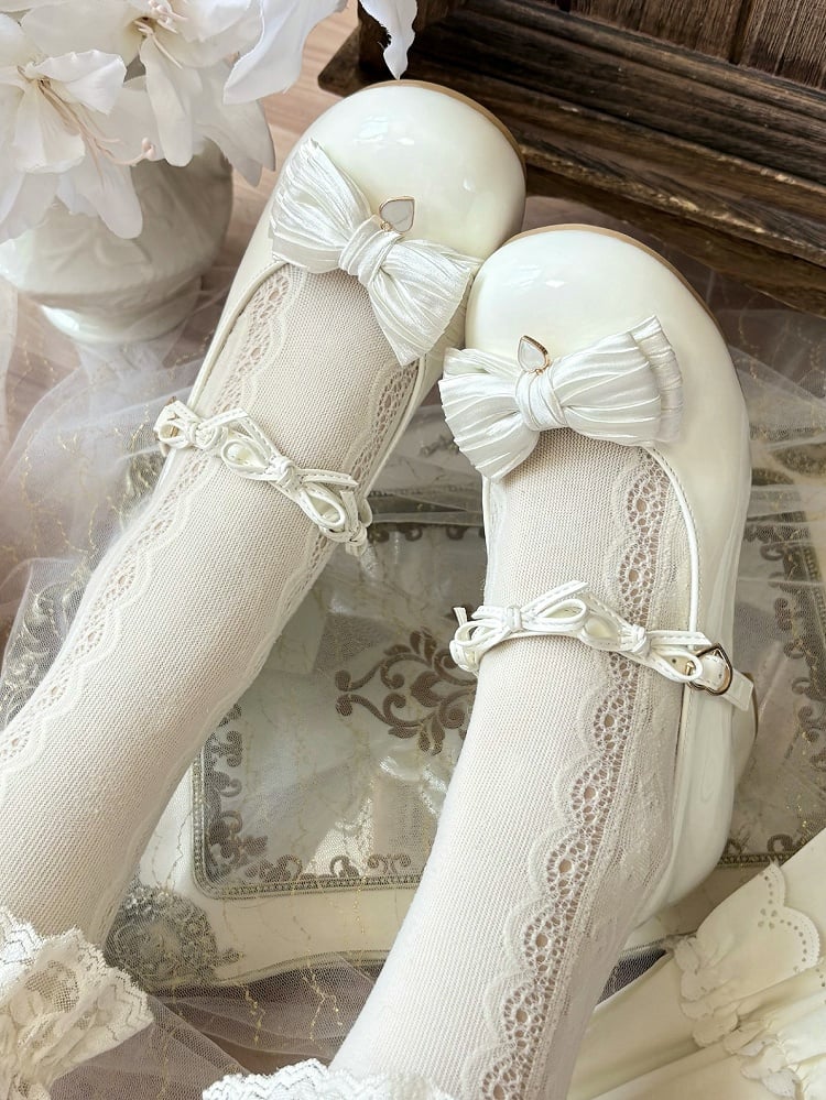 Toe Round Heart Bow Heels White with Details Accents Sweet Mid/Low Lolita