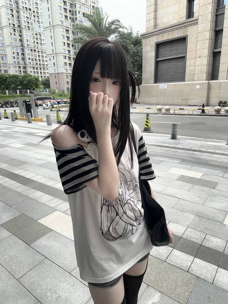 Decor White Y2K Cartoon with T-shirt Print Girl Skeleton Sleeve Striped