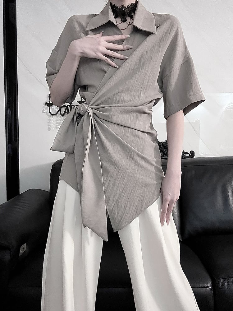 Top - Versatile Drop Shoulder Gray Short Sleeve Styling Neckline Crossover