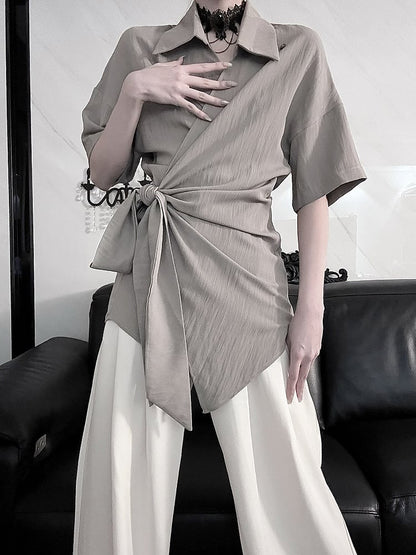 Top - Versatile Drop Shoulder Gray Short Sleeve Styling Neckline Crossover