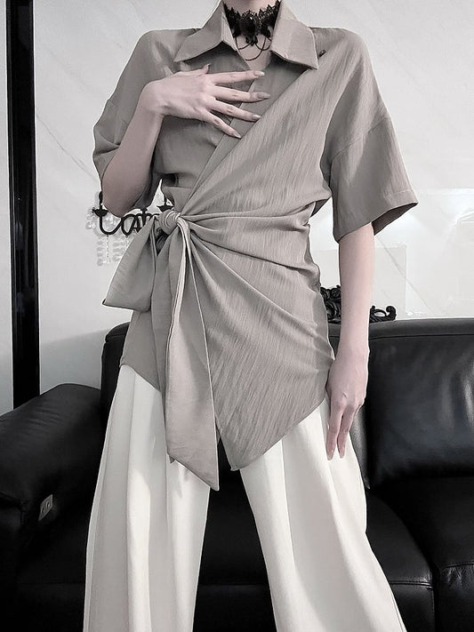 Top - Versatile Drop Shoulder Gray Short Sleeve Styling Neckline Crossover