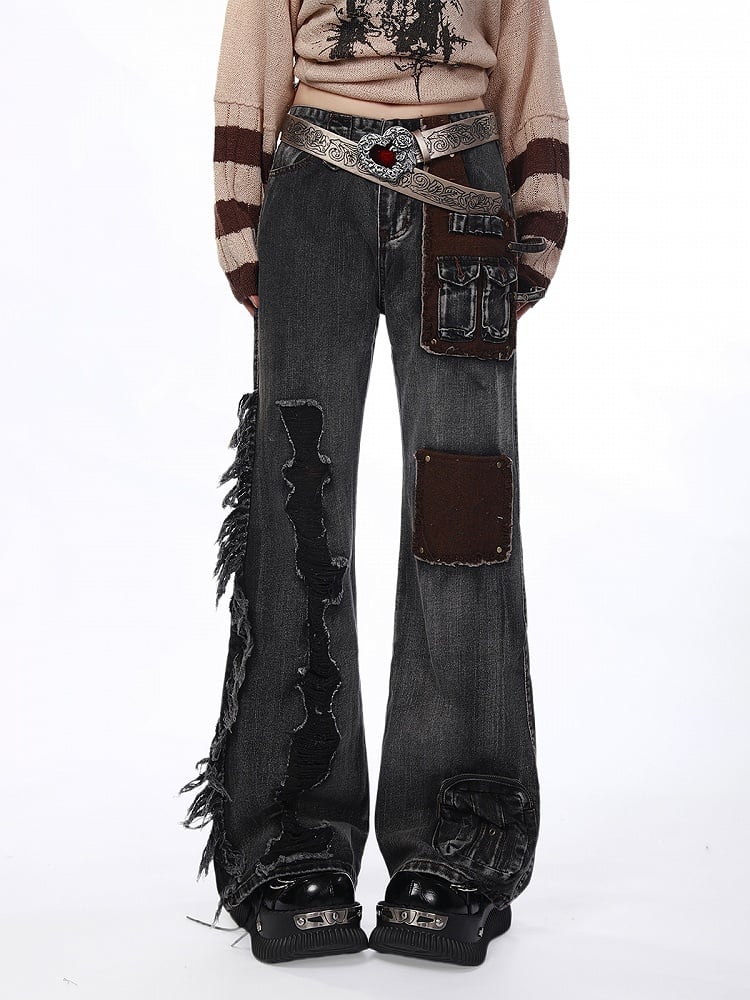 Gray Flared Wide-Leg Jeans with Distressed  Raw Hem Details