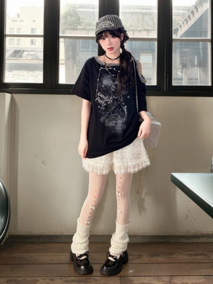 Y2K Black/White Ruffled Lace Trim Neckline T-Shirt Shoulder Cutout Girl Print Cotton