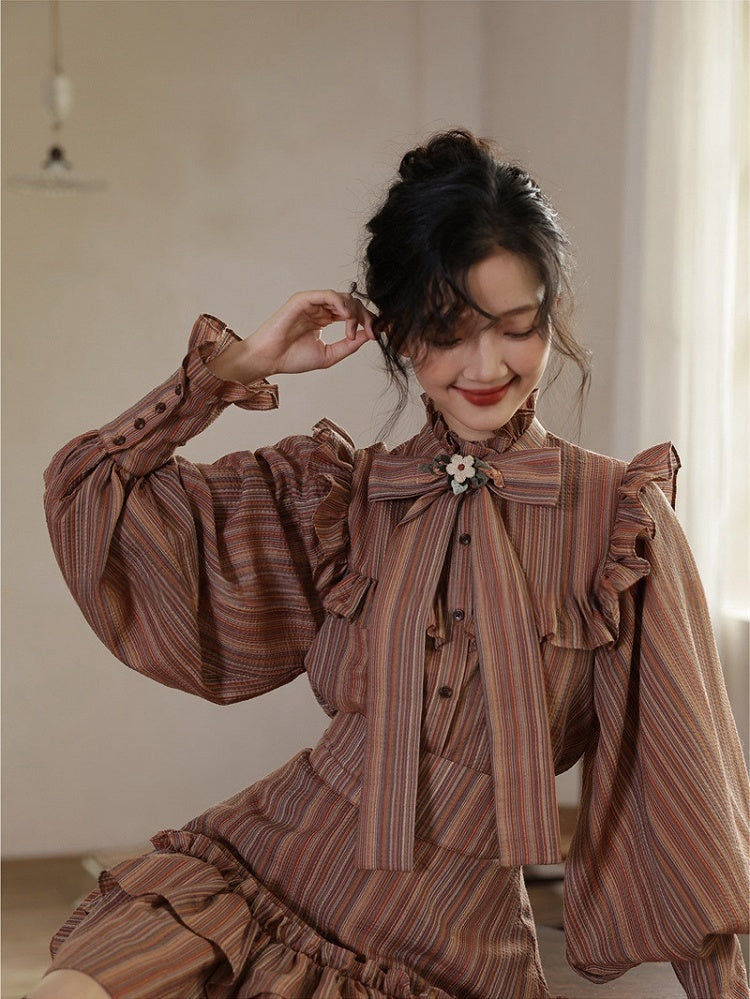 Reddish Brown Striped Pattern Vintage  Bishop Sleeves Ruffle Trim Blouse
