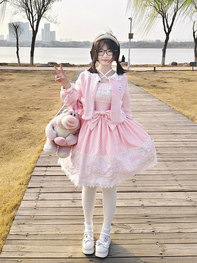 Polka Dot & Striped Pink Lolita Short Sleeve Dress with Poodle Patch - Infanta