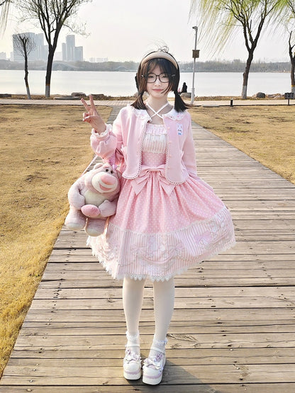 Polka Dot & Striped Pink Lolita Short Sleeve Dress with Poodle Patch - Infanta