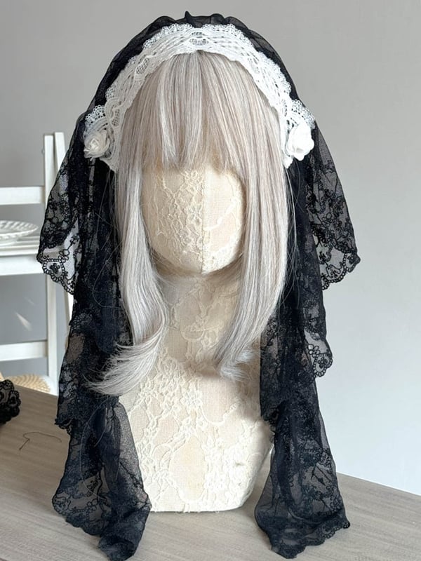 Lace Gothic Hairband with Embellishment and Veil Flower Black