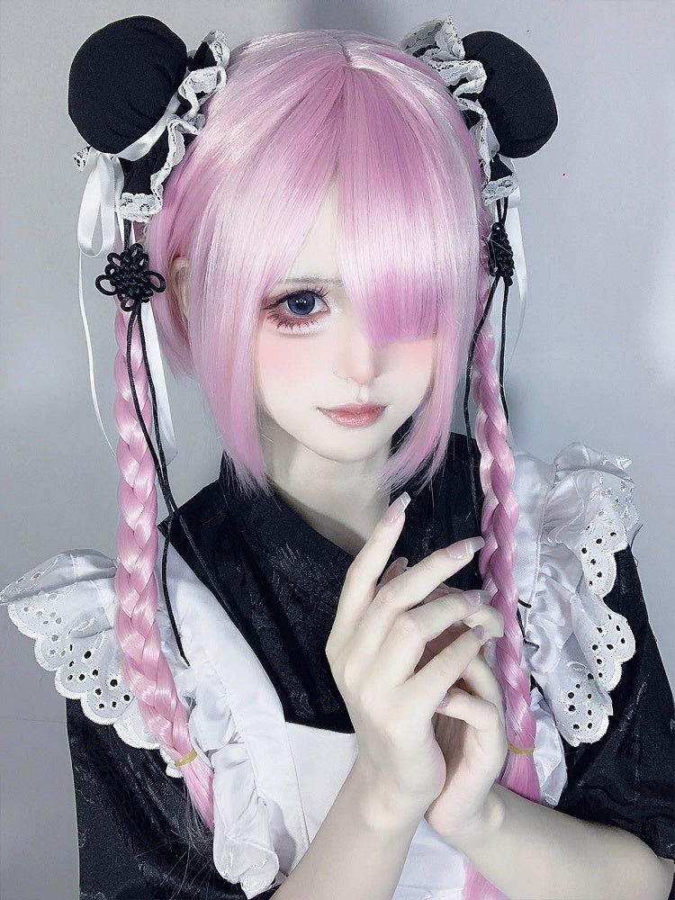 Bangs Double Braided Full 55CM Wig with 30CM Pink Straight Clip Ponytails Short Claw