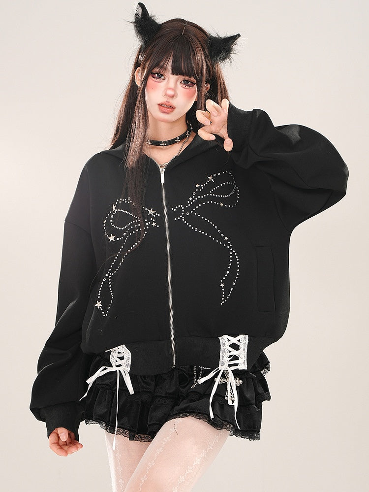 Black Rhinestone Bow Lace-up Detail Zip Hoodie