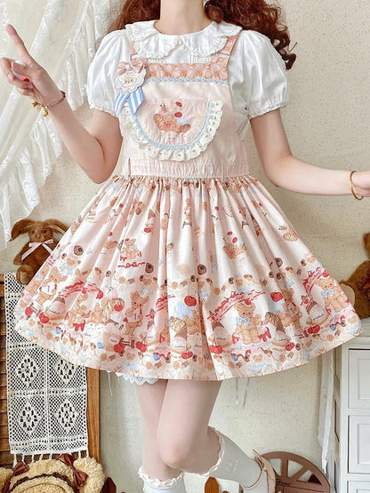 Beiges süßes Lolita-Overallkleid mit Teddybär und Dessert