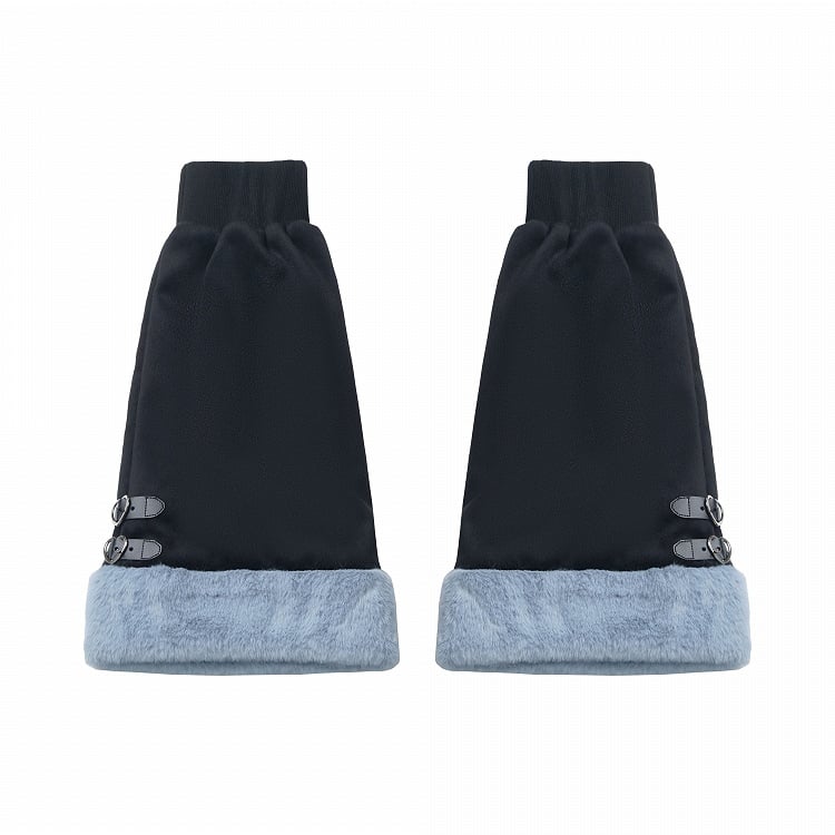 ブルー＆ブラックのプラッシュトリムレッグウォーマー（バックル付き）