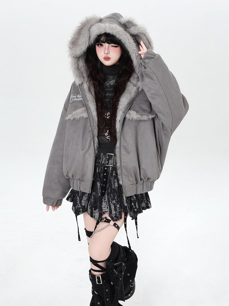 Jacket Ears Pattern Padded Fur Lettering Rabbit with Hooded