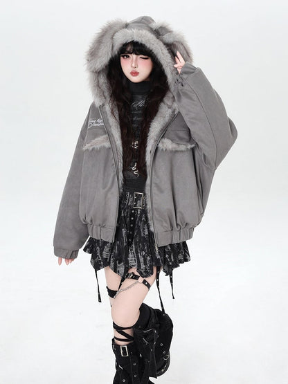 Jacket Ears Pattern Padded Fur Lettering Rabbit with Hooded