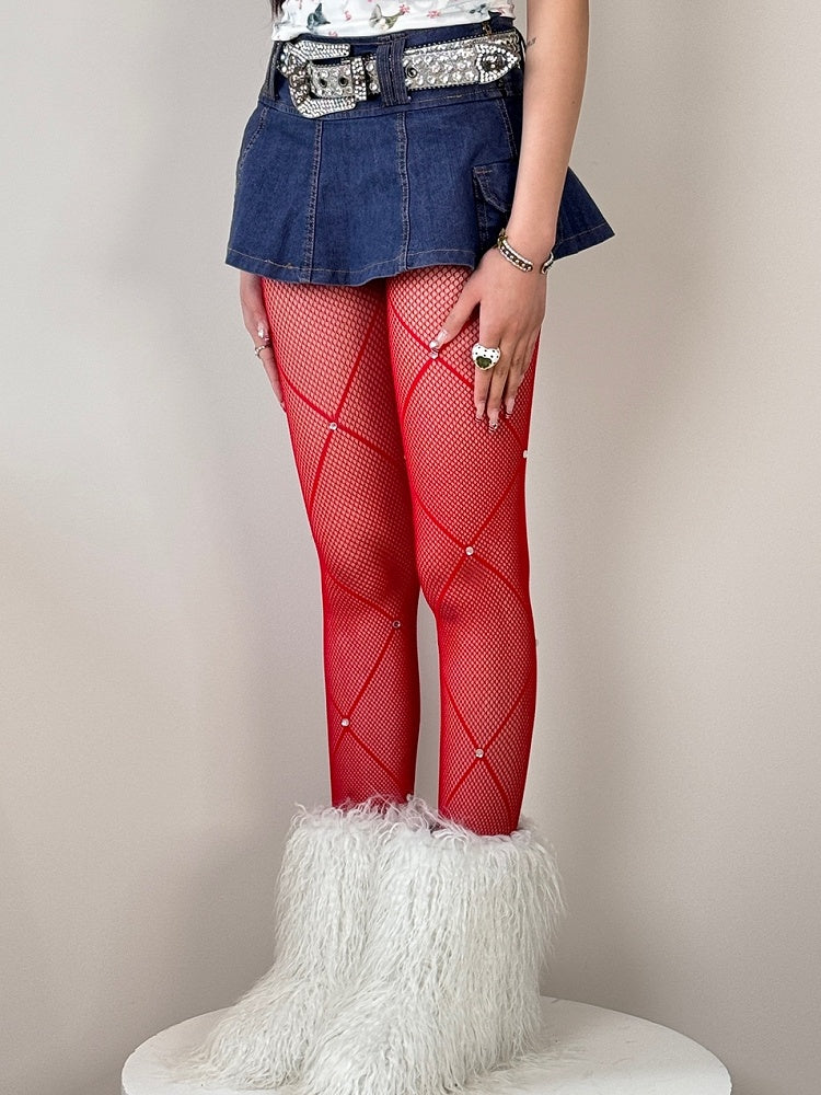 Crisscorss Banded Rhinestone Decorated Black/White/Red Tights