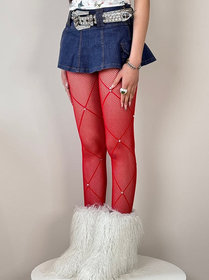 Crisscorss Banded Rhinestone Decorated Black/White/Red Tights