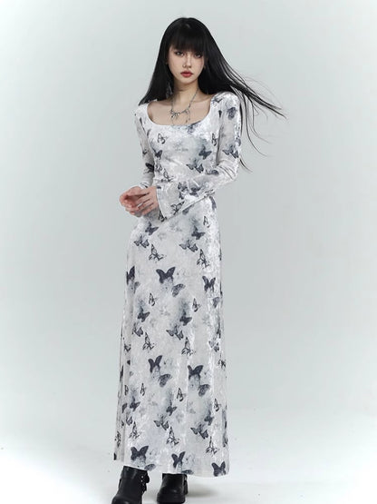 White Velvet Butterfly Print Slim-fitting Dress