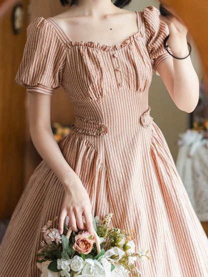 Stoff Puff Quadrat Ärmel Orange Vintage Retro Gestreiften Ausschnitt Kleid Mode