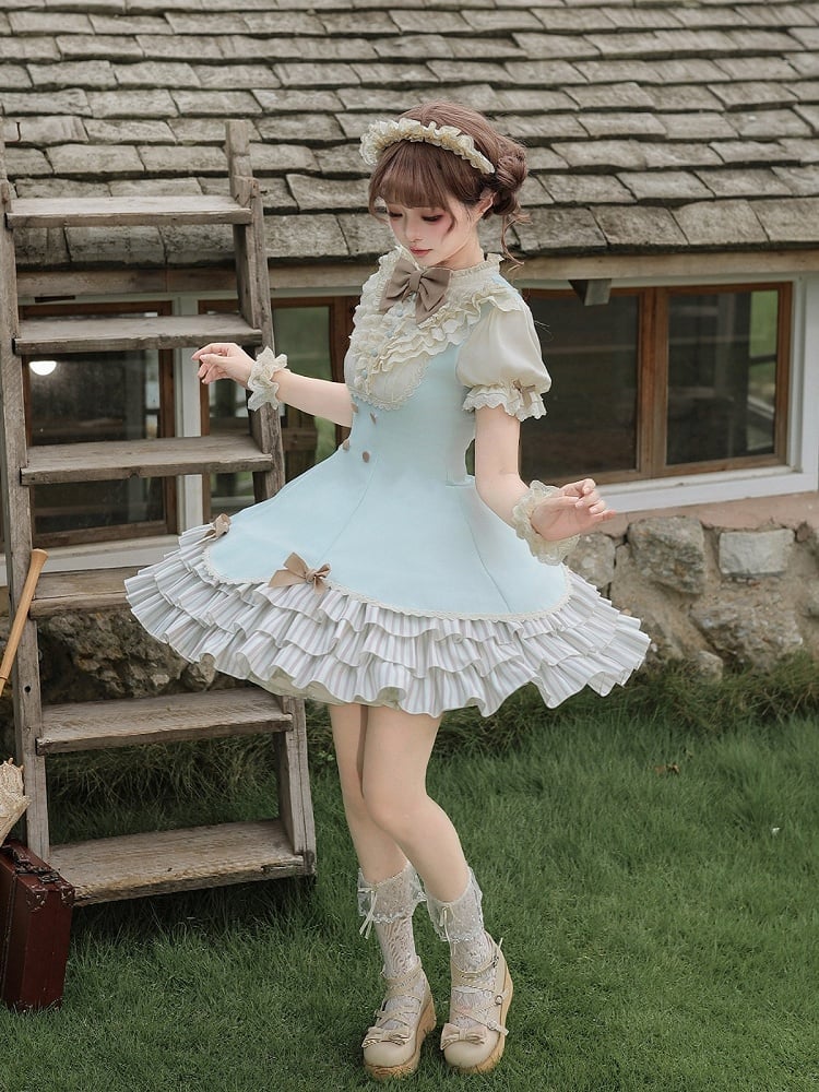 Puff-Sleeve Short Dress in Beige and Blue with Scalloped Hem and Bows - With PUJI