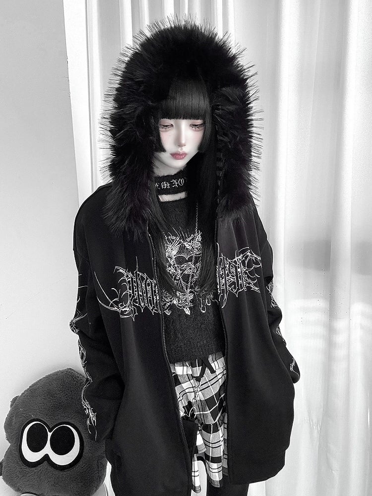 Y2K Dark Hooded Jacket with Detachable Fur Collar and White Floral - Alita26SS
