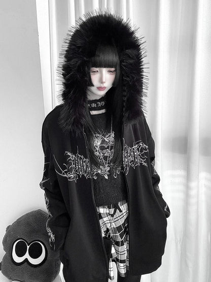 Y2K Dark Hooded Jacket with Detachable Fur Collar and White Floral - Alita26SS