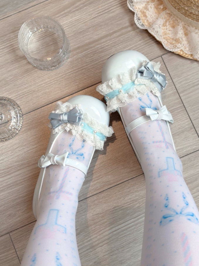 Bead Shoes Sweet Blue Baby Low-heel PU Accents in with Leather Lolita