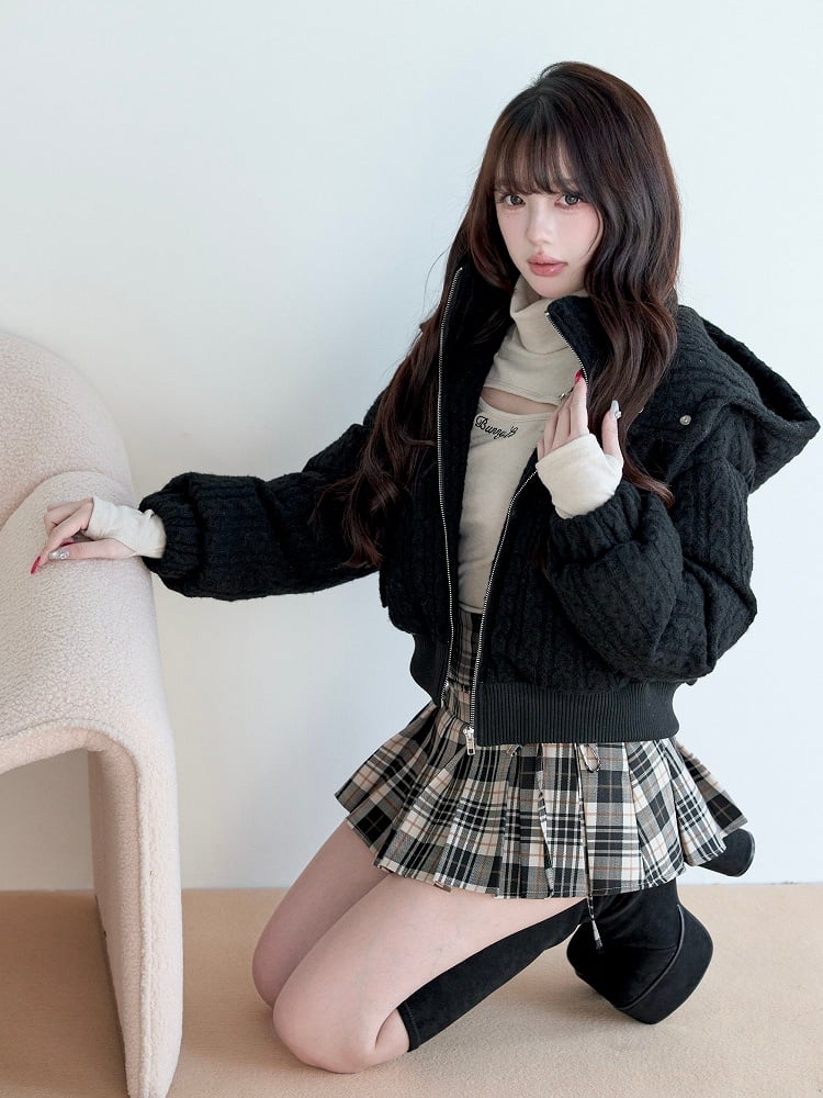 Hooded Fresh Black Jacket Knit Jirai Cable-Knit Kei Pattern