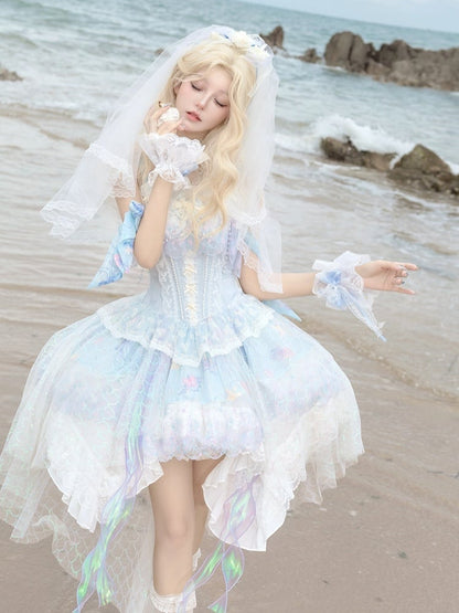 Wrist Head Veil Print Blue Choker + Fairy Dress JSK Ocean-themed Cuffs Lolita Corset