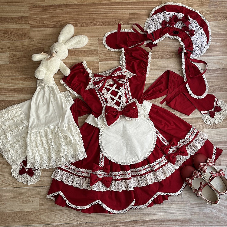 Old School Stück und Quadrat Kleid Baumwolle Kurze Rote Puffärmel Ein Ausschnitt Lolita