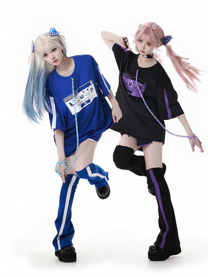 Blue White and Elastic Waist Sports Shorts