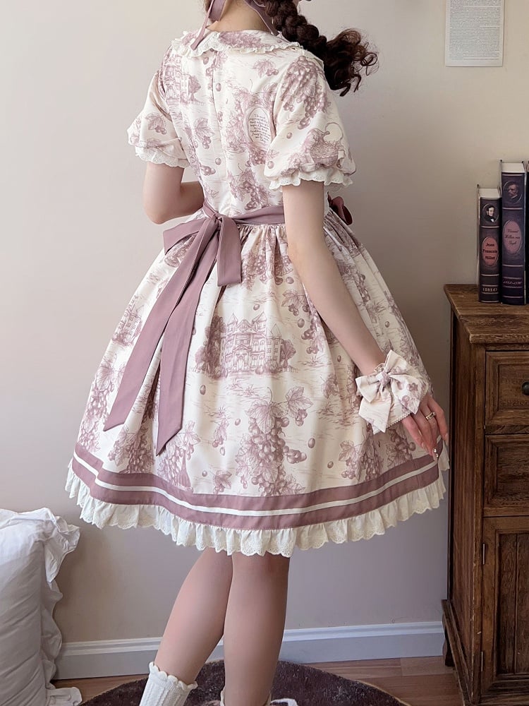 Dusty Sleeves Short Lolita Dress Print Collar Purple Grapes Pan Peter