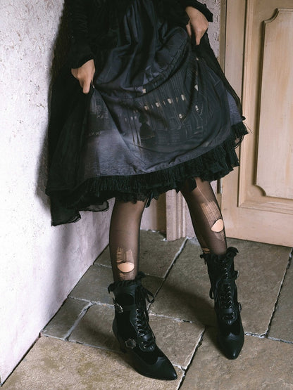 Embossed 7.3CM High Heel Boots with Metal Buckle and Lace Gothic Details - Lacy Bones