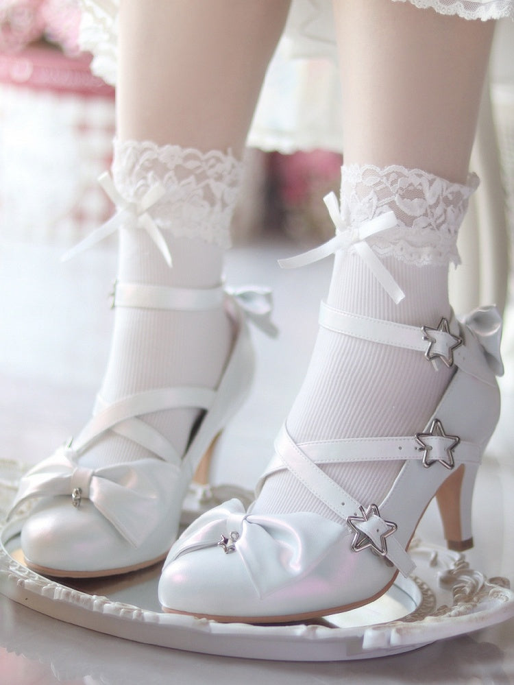 Star High White Sweet Lolita Schnallen Crisscross Straps mit - Akzente Heels Schleife