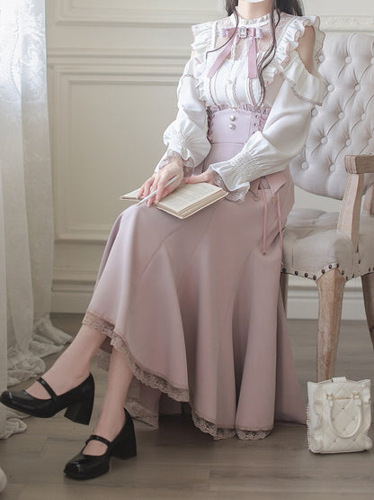 White Landmine Illusion Blouse and with Cutouts Neckline Shoulder Pink