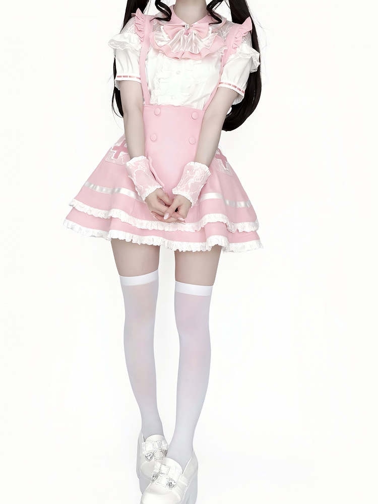 Pink Lace Blouse Skirt Set with Straps & Bow Tie - Shi Zhai Xin
