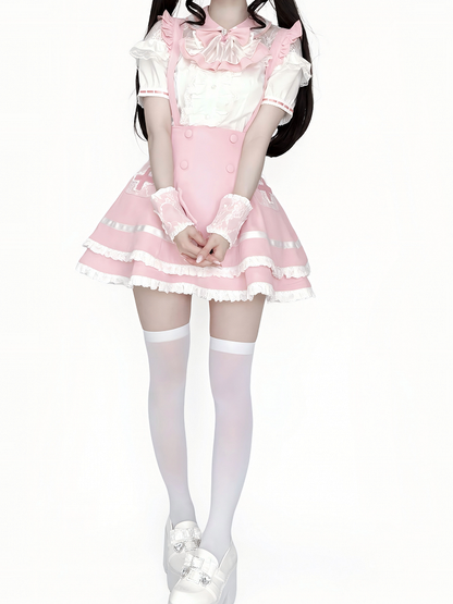 Pink Lace Blouse Skirt Set with Straps & Bow Tie - Shi Zhai Xin