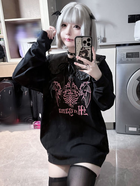 Jirai Kei – Schwarz-weißes Grafik-Top mit abnehmbarem Kragen